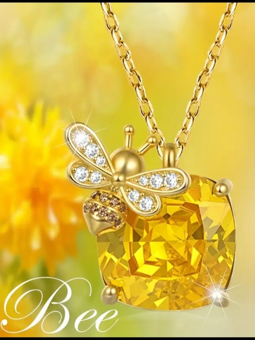 Gold Plated Bee Pendant Necklace with Yellow Crystals